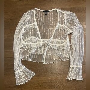 Forever 21 White Sheer Dot Stripe Tie-Front Top